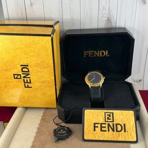Vintage Fendi 18K Gold Plated 300G Watch Black Enamel Dial Gold Hands 36MM
